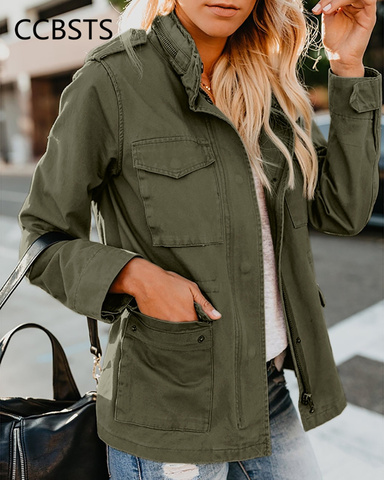 Chaquetas de manga larga para mujer, ropa de calle con botones a presión, chaqueta verde con cuello levantado y cremallera, para invierno y otoño ► Foto 1/6