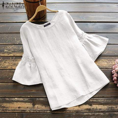 2022 volante elegante Tops de manga blusa de verano de las mujeres de ZANZEA Vintage Casual túnica de lino Mujer cuello Blusas Mujer Camisas S-5XL ► Foto 1/6