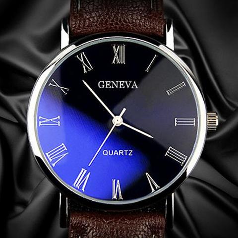 Pulsera de cuarzo para hombre, reloj analógico de negocios con correa de cuero sintético, diseño con números romanos y efecto Blu-ray ► Foto 1/6