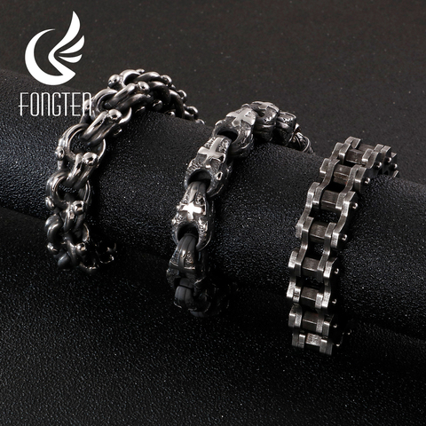 Pulsera de cadena de bicicleta de eslabón cruzado ancho de Fongten para hombre, cadena de abalorios de acero inoxidable negro, pulseras de diseño personalizado, joyería ► Foto 1/6