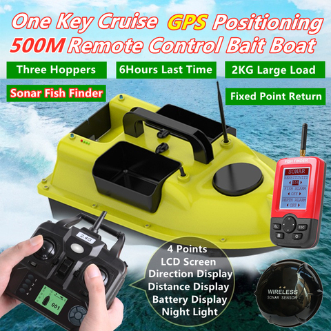 Fish Finder-barco de pesca teledirigido con GPS, barco de pesca con punto de retorno fijo de 500M, 6H de vuelo, 3 tolvas, carga de 2KG, luz nocturna, pantalla LCD, cebo ► Foto 1/6