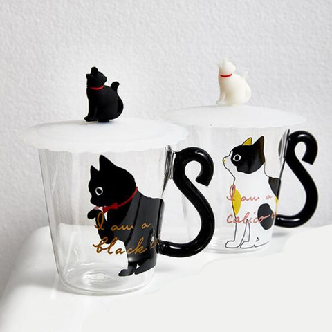 Juego de tazas de café de cristal con forma de gato negro, de 250 ml, con mango de Animal, para leche, agua, zumo, té, estilo japonés, Kawaii, regalo para el hogar ► Foto 1/6