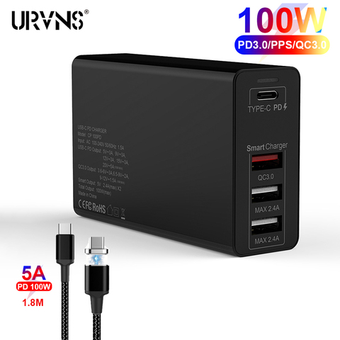 Cargador de pared tipo C URVNS, 100W, PPS, PD3.0, QC3.0, tecnología rápida AFC, FCP, USB-C, adaptador de ordenador portátil para MacBook Pro de 16 pulgadas, iPhone 11 ► Foto 1/6