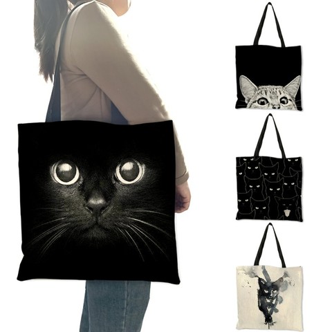 Bolso de diseño con estampado de gato negro para mujer, bolsa de hombro informal reutilizable para oficina, B06060, 2022 ► Foto 1/6