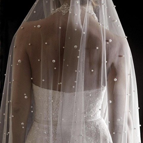 Velo de novia LARGO de MARFIL blanco con perlas, velo de boda de una capa con peine, velo con perlas, cuentas de cristal de 3 metros ► Foto 1/5