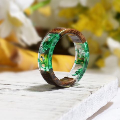 Anillo de resina de madera para hombre y mujer, banda de boda pequeña fresca, joyería de moda artesanal, flor seca, epoxi, 2022 ► Foto 1/6