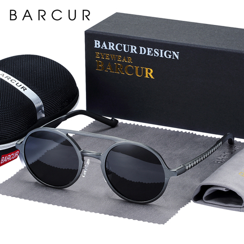 BARCUR-gafas de sol polarizadas para hombre, lentes de sol masculinas, de marca, redondas, de aluminio y magnesio ► Foto 1/1