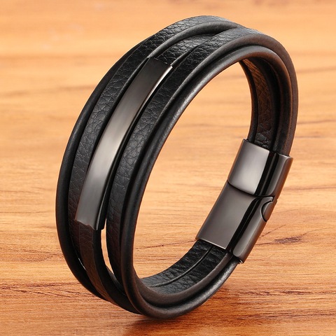 Accesorios de acero inoxidable geométricos, brazalete de cuero combinado para hombre, estilo lujoso y clásico multicapa para regalo para chicos guapos ► Foto 1/6