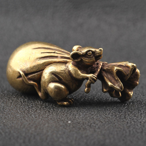 Bolsa de dinero grande de pequeño ratón de bronce antiguo, adorno de la suerte, rata de figuritas de cobre puro, Feng Shui, decoración para el hogar, decoración de escritorio ► Foto 1/6