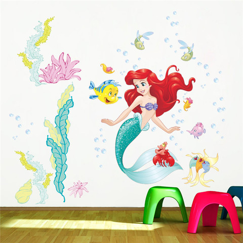 De dibujos animados de la princesa sirena Ariel princesa pescado Pared de burbujas habitación de los niños pegatinas de decoración del hogar arte Mural Diy pared calcomanías ► Foto 1/6