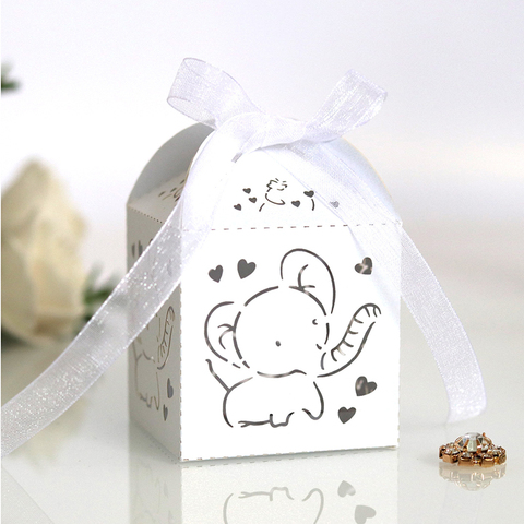 10/50/100 Uds elefante corte láser transporte favores caja REGALOS CAJAS de caramelos con cinta para Baby Shower fiesta de cumpleaños de boda suministros ► Foto 1/6