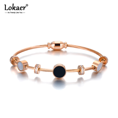 Lokaer-pulsera de cadena de eslabones de circonia cúbica para mujer, brazalete de concha negra/blanca, de acero inoxidable, regalo de cumpleaños, B20021 ► Foto 1/6