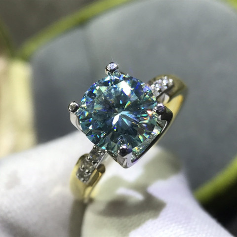 Anillo de moissanita de plata azul y verde de corte brillante, 2 quilate, 925 Original, de 18K chapado en oro, anillos de compromiso con piedra preciosa, joyería para mujer ► Foto 1/6