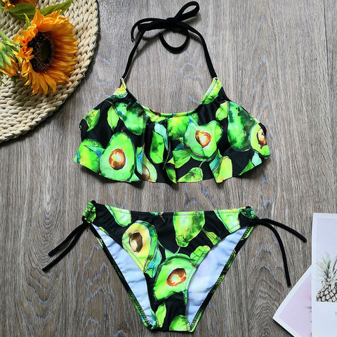 Bañador con estampado de aguacate Tropical para niña de 5 a 14 años, conjunto de Bikini con Top de cuello Halter, trajes de baño para niña ► Foto 1/6