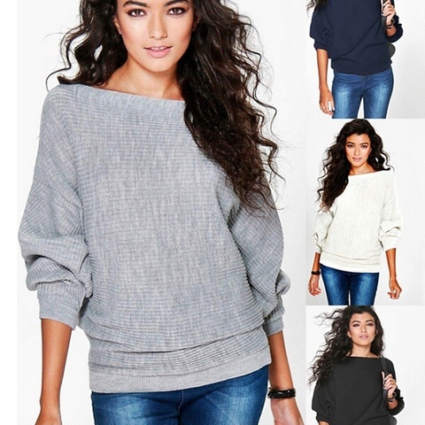 Jerséis de punto holgados para mujer, Jersey de punto a la moda de manga larga con cuello redondo, Top informal con alas de murciélago ► Foto 1/6