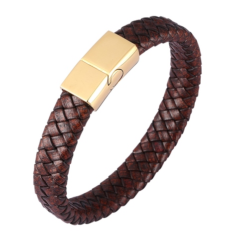 Pulsera Vintage de cuero trenzado para hombre, brazalete con hebilla magnética de acero inoxidable, color marrón, SP0450 ► Foto 1/6