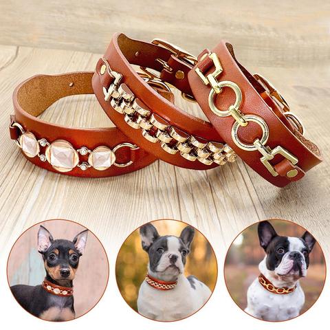 Collar de piel auténtica para perros pequeños y medianos, accesorio duradero de Metal con diamantes de imitación ostentosos ► Foto 1/6