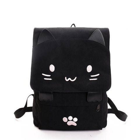 Mochila de lona con bordado de dibujos animados para adolescentes, morral escolar informal con estampado de gato, color negro, 2022 ► Foto 1/6