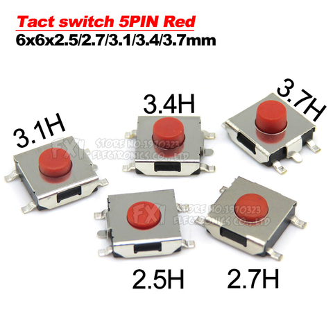 50 Uds. De Interruptor táctil, 5 pines, rojo, 6*6*2,5/2,7/3,1/3,4/3,7mm, interruptor SMD 6x6. 5/2.7/3.1/3.4/3.7mm, MINI interruptor de botón ibuw ► Foto 1/4