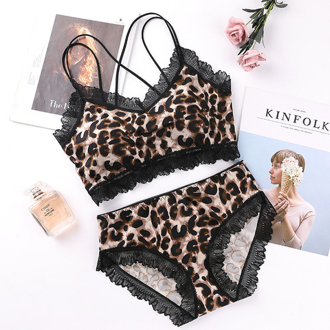 Lencería de moda con estampado de leopardo para mujer, ropa interior Sexy de encaje negro, sin aros, sujetadores de dama joven y conjuntos de bragas ► Foto 1/6