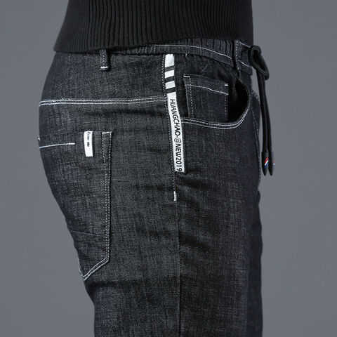 Icsars-pantalones vaqueros ajustados de Corea para hombre, Vaqueros ajustados con cintura elástica, color negro y azul, para primavera y verano, 2022 ► Foto 1/5