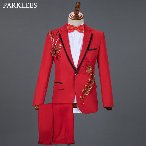 Diamante rojo Floral trajes de boda para Hombre Trajes de hombre 3 piezas chaqueta + pantalón + corbata moda traje de los hombres de traje Homme ► Foto 1/6