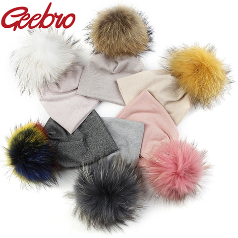 Geebro-gorros boinas elásticas de algodón para bebés, gorros suaves con pompón de piel Real de 15 cm, para invierno ► Foto 1/6