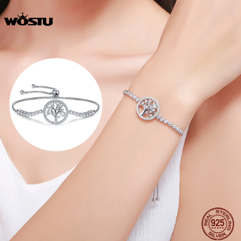 WOSTU auténtico 100% Plata de Ley 925 de árbol de la vida pulsera de tenis de las mujeres eslabón de cadena ajustable pulsera de joyería de plata CQB035 ► Foto 1/6