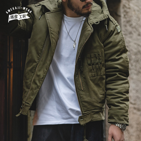 Maden-Chaqueta gruesa informal con capucha para hombre, abrigo de bombardero de vuelo militar verde, abrigos Vintage, chaqueta de monociclo con cuello, ropa para hombre ► Foto 1/6