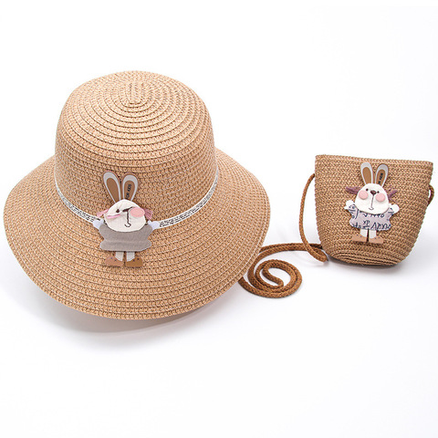 Conjunto de sombrero de paja y bolso para niña y niño, bonito sombrero de paja informal para niño y bebé, al aire libre para viaje conjunto de bolsos, vacaciones, playa, bolsa, Sombrero de Panamá con flores ► Foto 1/6