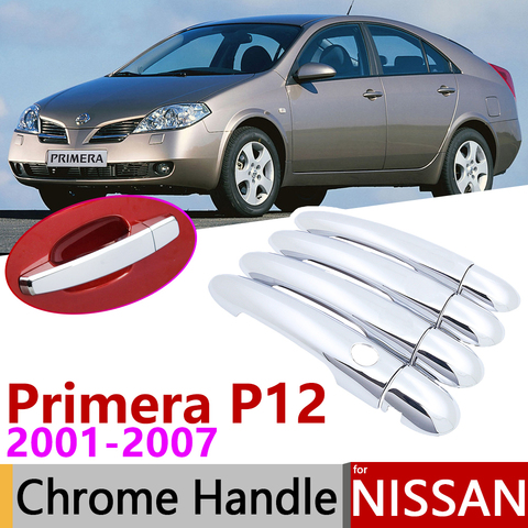 Para Nissan Primera P12 2001 ~ 2007 cromo manija de puerta Exterior cubierta de accesorios de coche pegatinas Set de molduras 2002, 2003, 2004, 2005, 2006 ► Foto 1/6