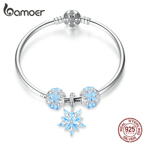 Pulsera de plata de ley 925 auténtica de bamoer con diseño de copos de nieve para invierno, brazalete de princesa para mujer, joyería europea de lujo SCB833 ► Foto 1/4