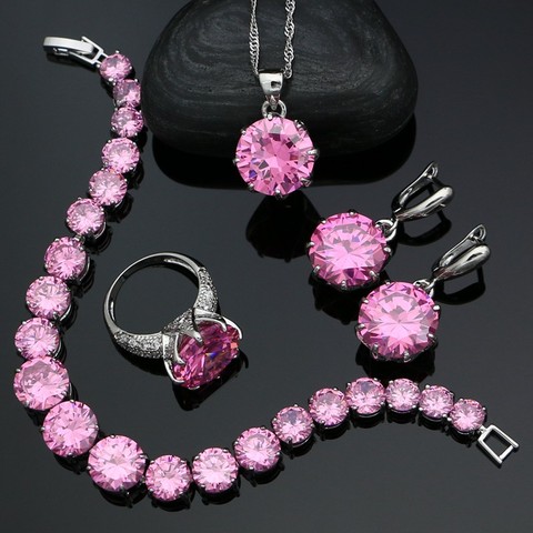 Conjunto de joyas de plata 925 con piedras redondas para mujer, pendientes de circonia cúbica rosa, pendientes de cristal blanco, colgante, anillo, pulsera, collar ► Foto 1/6