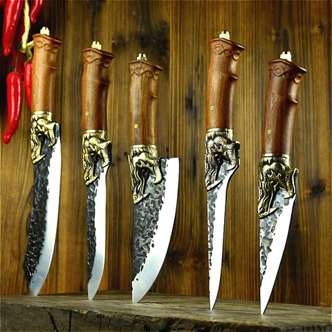 Longquan-cuchillo de cocina hecho a mano, juego de 6 cuchillos para el hogar, rebanador de deshuesado, cuchillo de carnicero, soporte para carne ► Foto 1/6