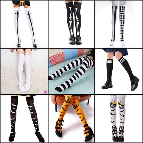 Disfraces de día de brujas para niñas y adultos, accesorios de Cosplay, medias, calcetines, rayas blancas y negras, payaso, monja, murciélago, estampado ► Foto 1/6