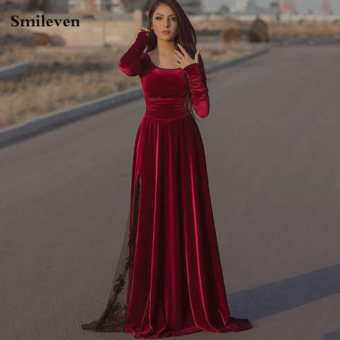 Smileven de terciopelo Burdeos Caftan noche largo manga de encaje negro Dubai Formal vestidos fiesta Longo baile de graduación vestidos 2022 ► Foto 1/5