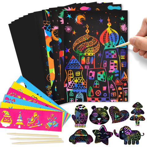 Juego de tarjetas de papel artístico de rascar de Color Arco Iris mágico, con plantilla de Graffiti, tablero de dibujo, DIY, pintura de arte, juguetes educativos, regalo ► Foto 1/6