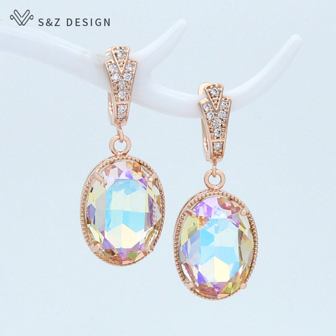 S & Z-pendientes colgantes de cristal ovalado para mujer, diseño Vintage elegante, joyería de boda, Circonia cúbica de oro rosa ► Foto 1/6