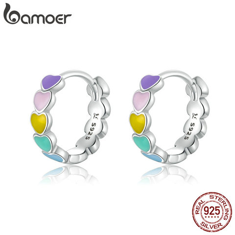 Bamoer genuino 925 plata esterlina Arco Iris Color esmalte pendientes con argolla de corazón para las mujeres 2022 nuevo aros para los oídos de joyería femenina SCE909 ► Foto 1/6