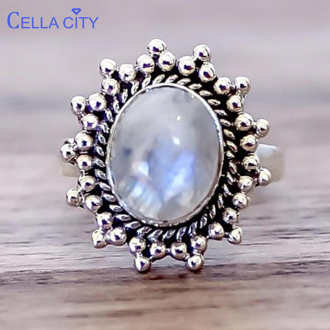 Cellacity Thai-Anillo de plata 925 para mujer, joyería fina con piedras preciosas, piedra lunar ovalada, accesorio Vintage para mujer, regalo, Size5-11 de fiesta ► Foto 1/6