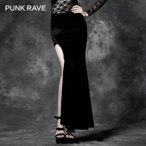 PUNK RAVE de estilo gótico Split Sexy asimétrica negro Punk Cheongsam del bordado de terciopelo largo Maxi falda ► Foto 1/1