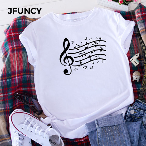 JFUNCY-Camiseta de algodón de talla grande para mujer, remera estampada con notas musicales, camisetas Harajuku para mujer, camisetas coreanas ► Foto 1/6