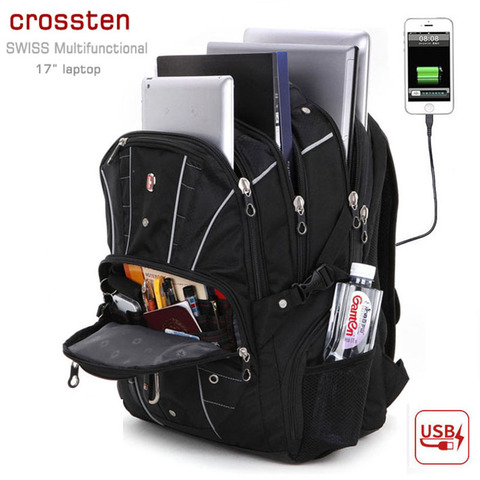 Crossten Swiss-puerto de carga USB multifuncional, mochila para portátil de 17 pulgadas, resistente al agua, con bloqueo antirrobo, bolso de viaje, mochila escolar ► Foto 1/6