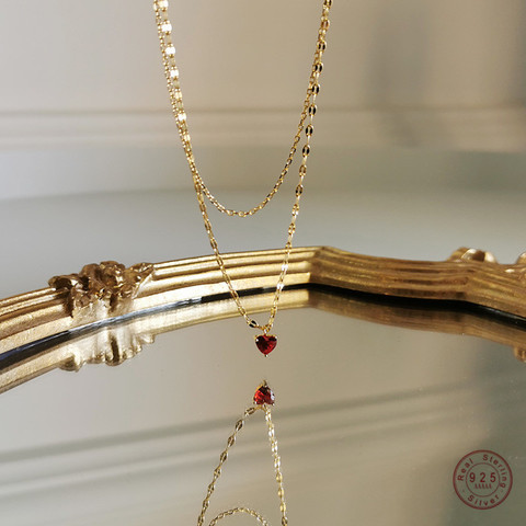 Colgante de corazón de cristal rojo Simple europeo para mujer, collar de lujo ligero, 18k, dorado, doble clavícula, joyería ► Foto 1/6