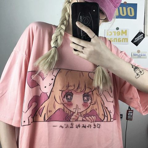 Camiseta de dibujos animados para niña, ropa informal japonesa harajuku Rosa kawaii, tops informales ulzzang vintage holgados para mujer ► Foto 1/6