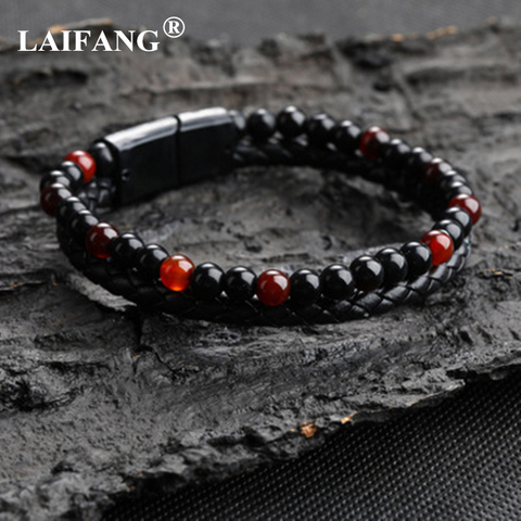 Pulsera de cuero + piedra Natural para hombre, brazalete de cuentas de joyería de moda de negocios para niño adulto, accesorios magnéticos de acero inoxidable ► Foto 1/6