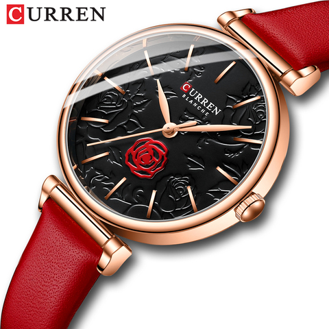 CURREN-Relojes de pulsera de cuarzo con esfera de flores bonitas para mujer, reloj de cuero rojo ► Foto 1/6