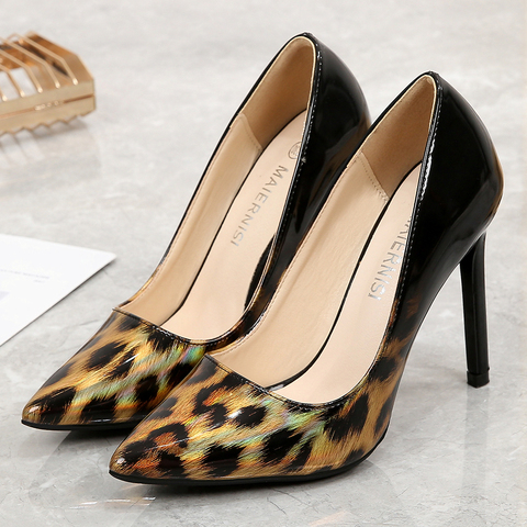 Zapatos de tacón alto con gradiente de leopardo para mujer, calzado de trabajo de charol, talla 47, tacones finos, rojo y amarillo ► Foto 1/6