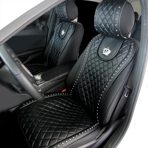 Funda de asiento de cuero PU con remaches de corona, cojín para asiento de coche, accesorios interiores, fundas de asientos delanteros de tamaño Universal, estilismo para coche ► Foto 1/6