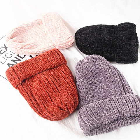 Gorros de tejer gruesos y cálidos de algodón para mujer, gorro de chenilla para invierno ► Foto 1/6